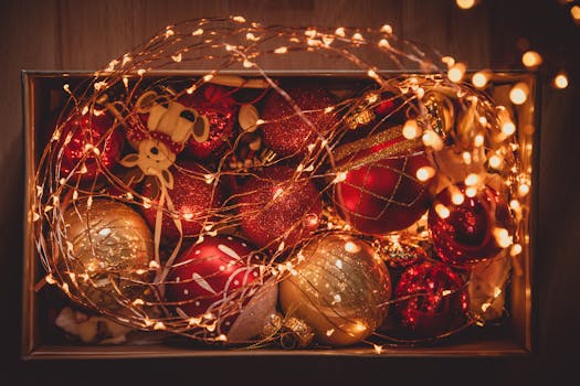 A box of vibrant Christmas ornaments wrapped in warm twinkling lights, perfect for holiday celebrations.